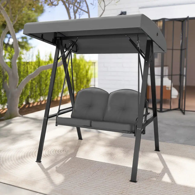 2-Person Outdoor Porch Swing with A-Shaped Metal Stand and Adjustable Canopy-Gray - Gray - Porch Swings