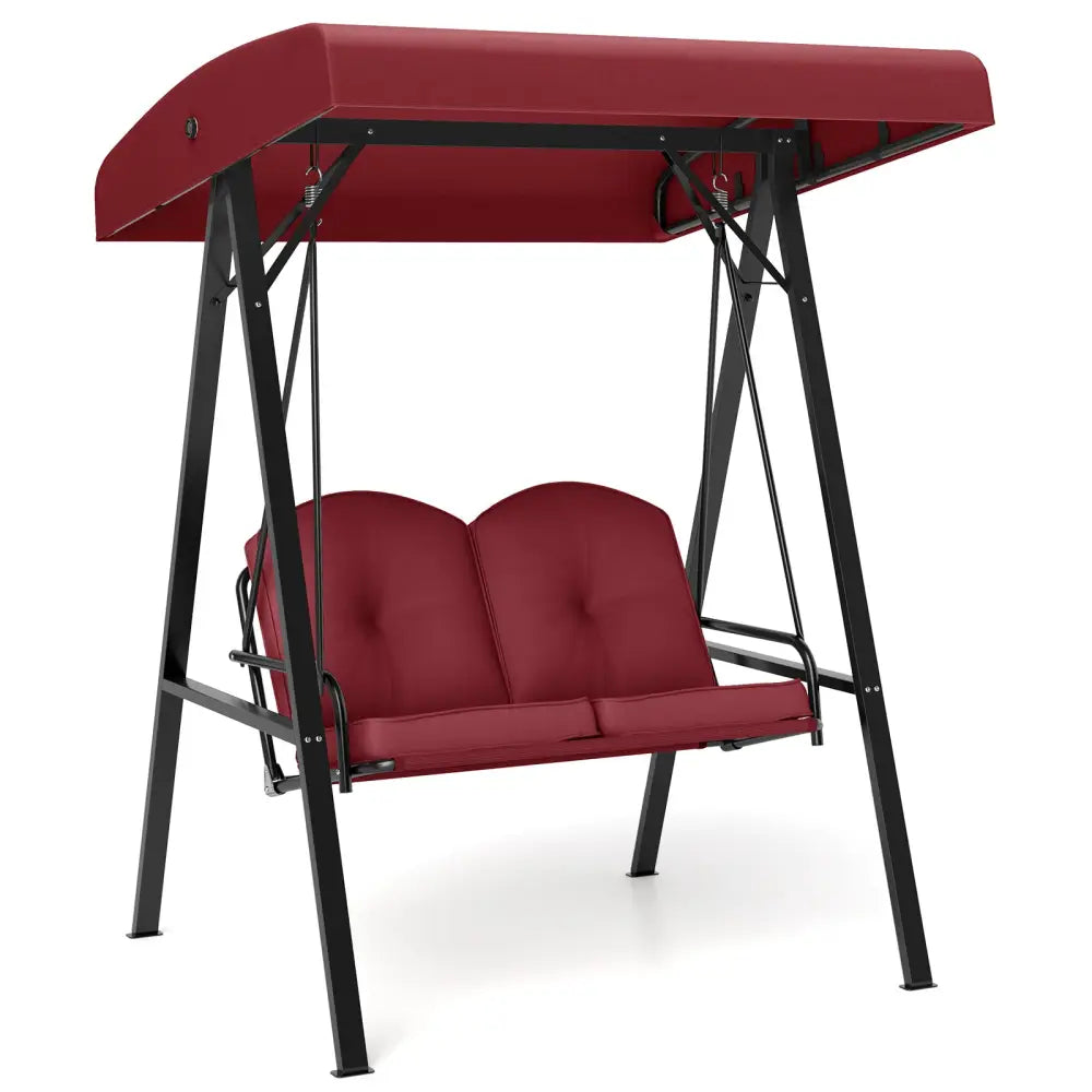 2-Person Outdoor Porch Swing with A-Shaped Metal Stand and Adjustable Canopy-Wine - Wine - Porch Swings