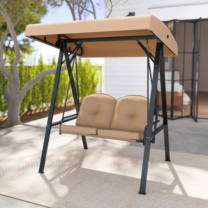 2-Person Outdoor Porch Swing with A-Shaped Metal Stand and Adjustable Canopy-Beige - Beige - Porch Swings