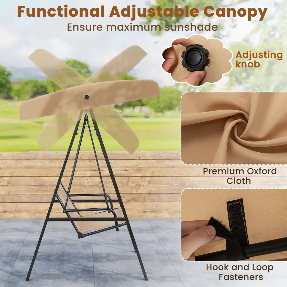 2-Person Outdoor Porch Swing with A-Shaped Metal Stand and Adjustable Canopy-Beige - Beige - Porch Swings