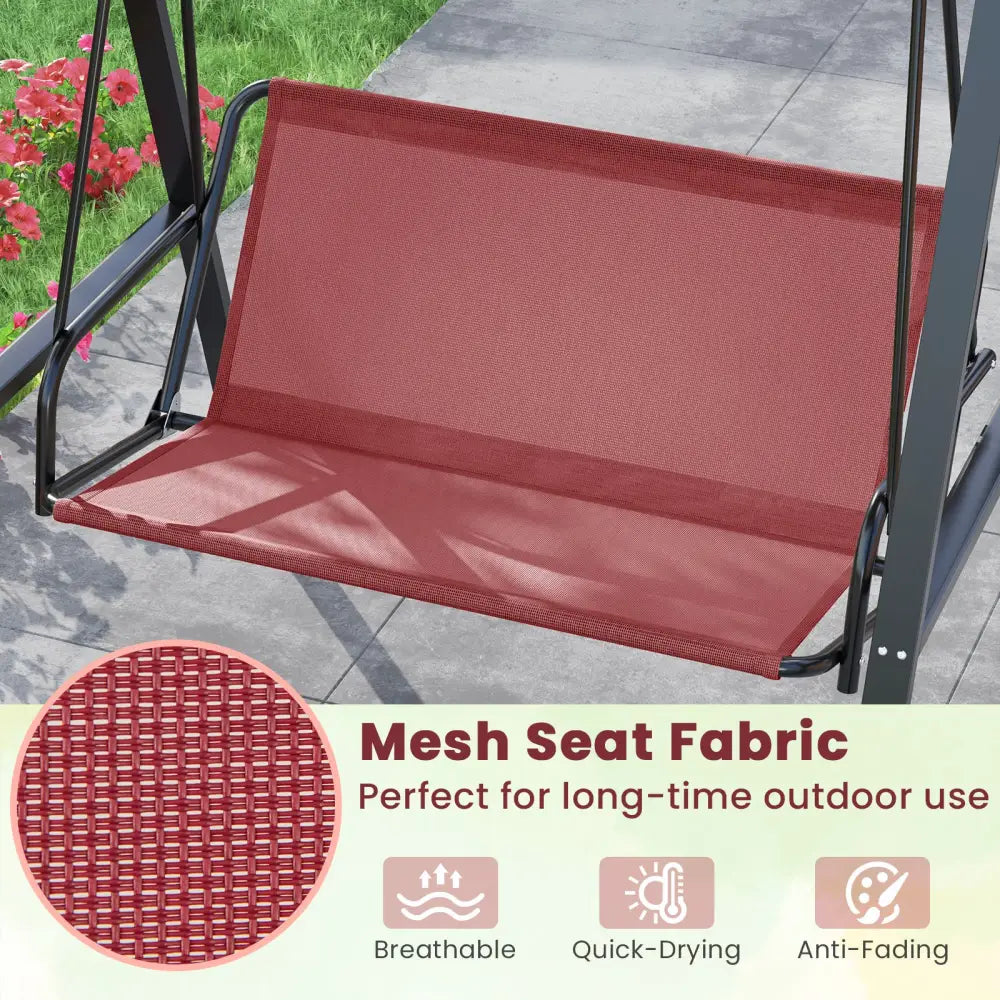 2-Person Outdoor Porch Swing with A-Shaped Metal Stand and Adjustable Canopy-Wine - Wine - Porch Swings