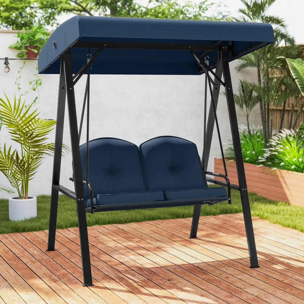 2-Person Outdoor Porch Swing with A-Shaped Metal Stand and Adjustable Canopy-Navy - Navy - Porch Swings