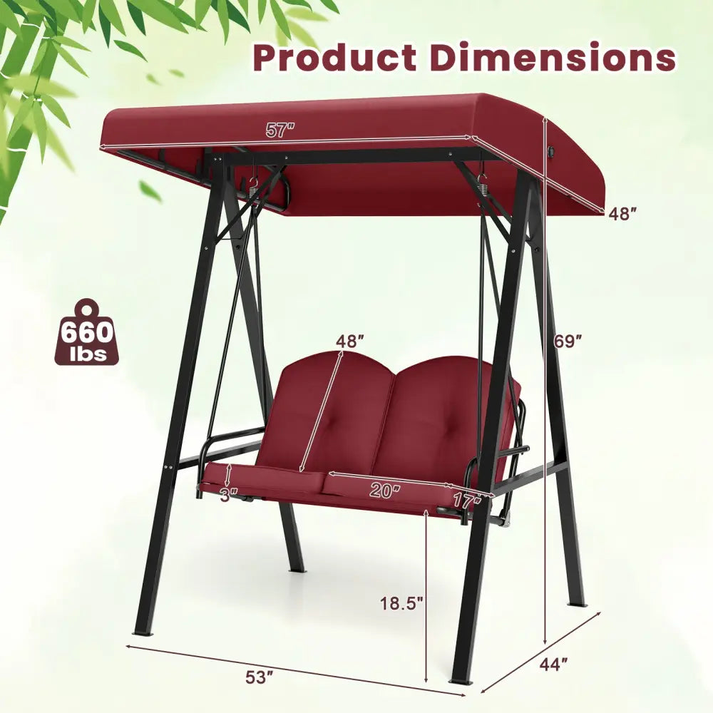 2-Person Outdoor Porch Swing with A-Shaped Metal Stand and Adjustable Canopy-Wine - Wine - Porch Swings