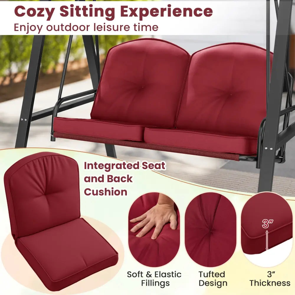 2-Person Outdoor Porch Swing with A-Shaped Metal Stand and Adjustable Canopy-Wine - Wine - Porch Swings