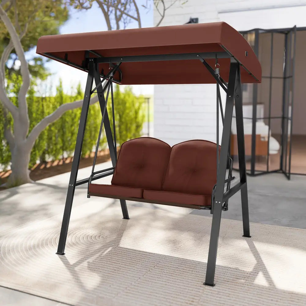 2-Person Outdoor Porch Swing with A-Shaped Metal Stand and Adjustable Canopy-Brown - Brown - Porch Swings