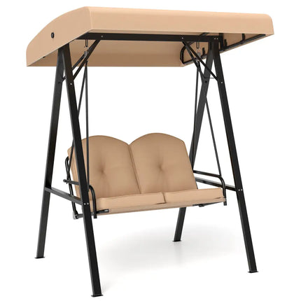 2-Person Outdoor Porch Swing with A-Shaped Metal Stand and Adjustable Canopy-Beige - Beige - Porch Swings