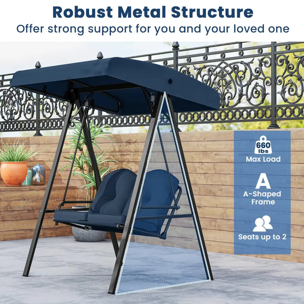 2-Person Outdoor Porch Swing with A-Shaped Metal Stand and Adjustable Canopy-Navy - Navy - Porch Swings