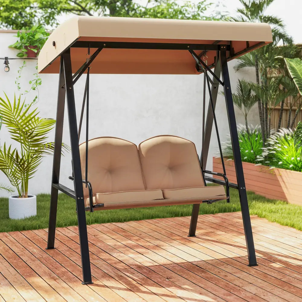 2-Person Outdoor Porch Swing with A-Shaped Metal Stand and Adjustable Canopy-Beige - Beige - Porch Swings