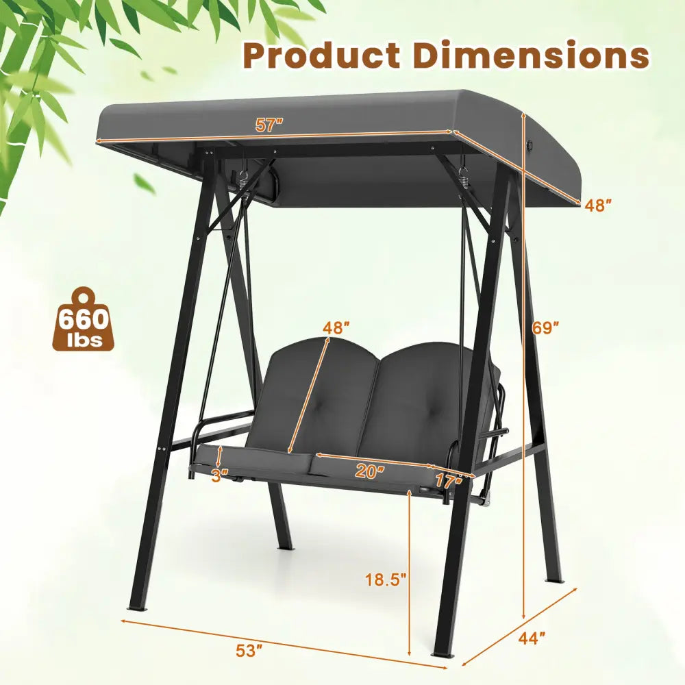 2-Person Outdoor Porch Swing with A-Shaped Metal Stand and Adjustable Canopy-Gray - Gray - Porch Swings