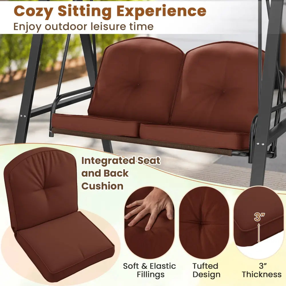 2-Person Outdoor Porch Swing with A-Shaped Metal Stand and Adjustable Canopy-Brown - Brown - Porch Swings