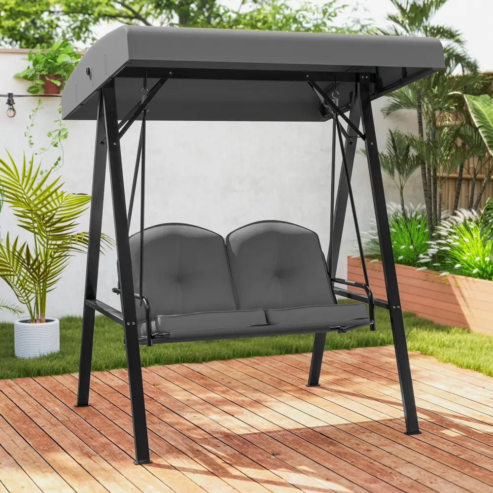 2-Person Outdoor Porch Swing with A-Shaped Metal Stand and Adjustable Canopy-Gray - Gray - Porch Swings