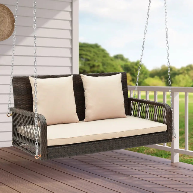 2-Person Outdoor Wicker Porch Swing with Seat and Back Cushions-Beige - Beige - Porch Swings