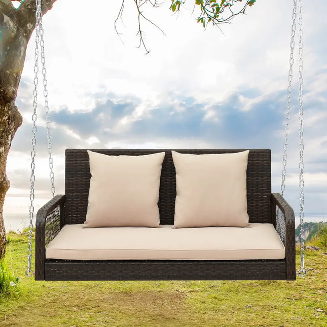 2-Person Outdoor Wicker Porch Swing with Seat and Back Cushions-Beige - Beige - Porch Swings