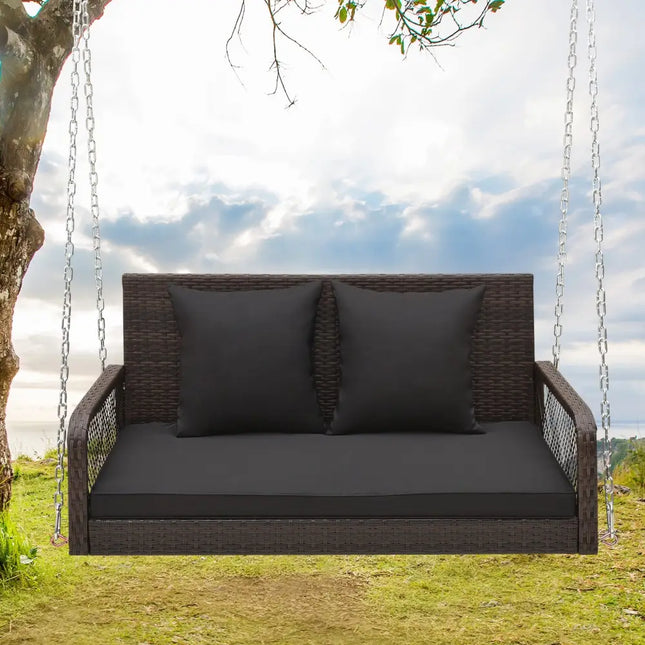 2-Person Outdoor Wicker Porch Swing with Seat and Back Cushions-Black - Black - Porch Swings