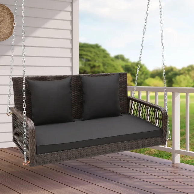 2-Person Outdoor Wicker Porch Swing with Seat and Back Cushions-Black - Black - Porch Swings