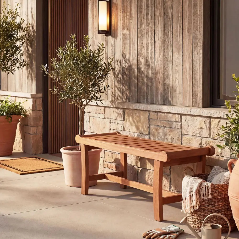2-Person Outdoor Wood Bench with Slatted Seat and Raised Edges-1 Piece - Outdoor Benches