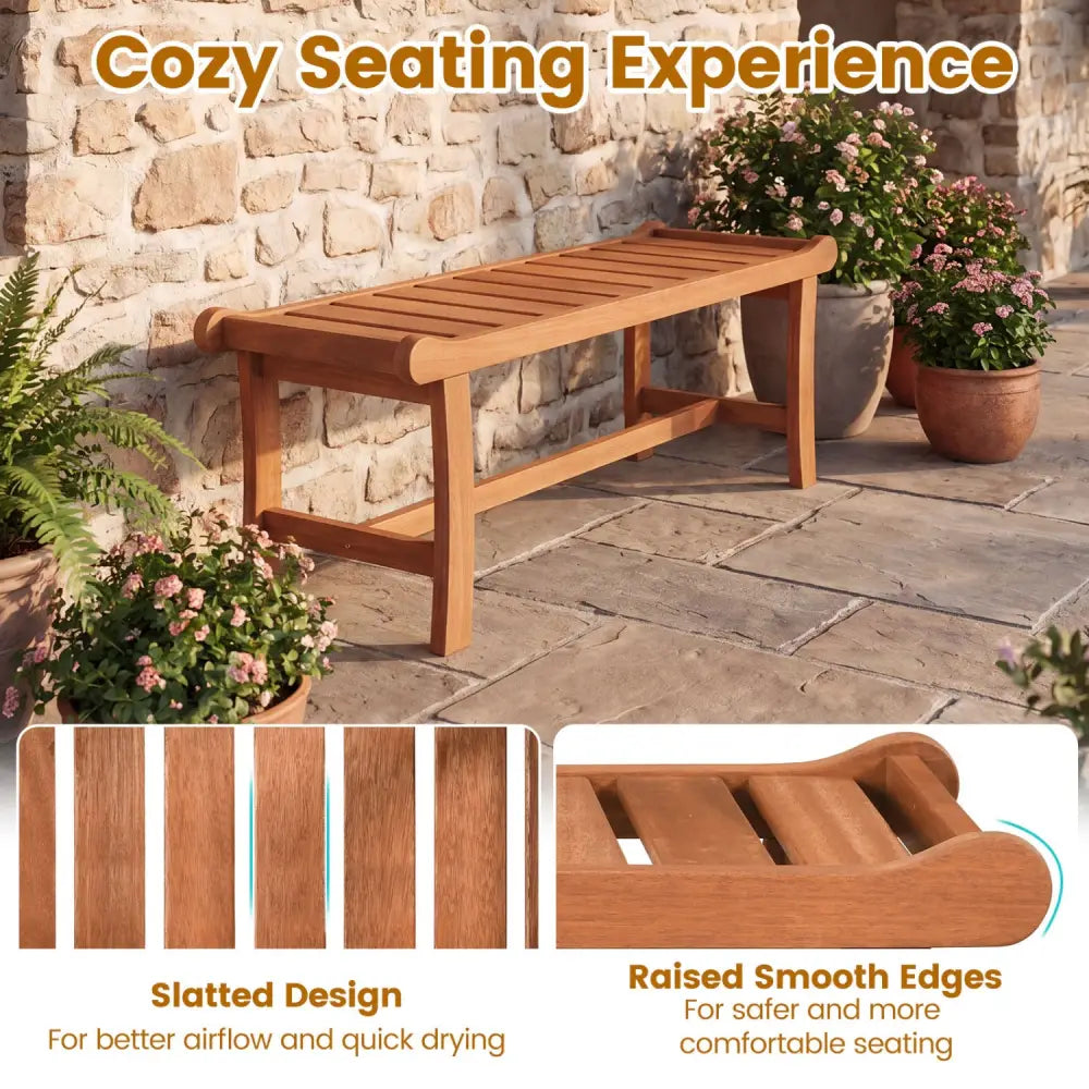 2-Person Outdoor Wood Bench with Slatted Seat and Raised Edges-1 Piece - Outdoor Benches