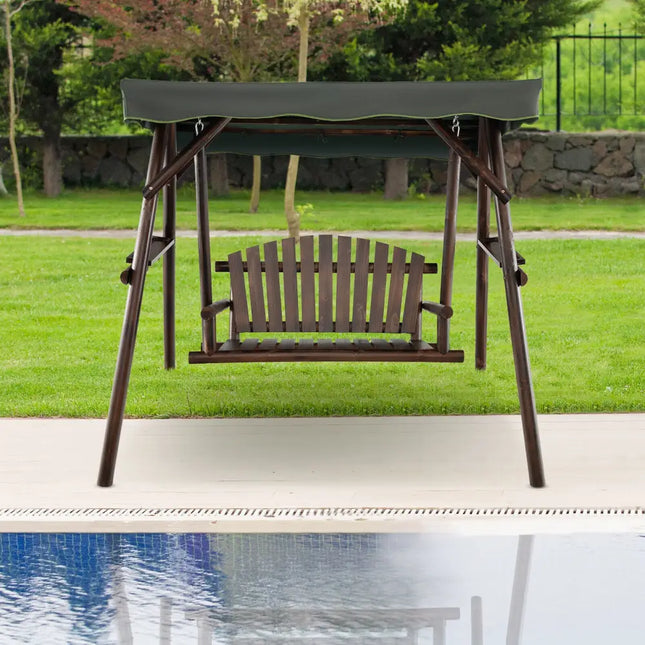 2-Person Outdoor Wooden Porch Swing with an Adjustable Canopy - Natural - Porch Swings