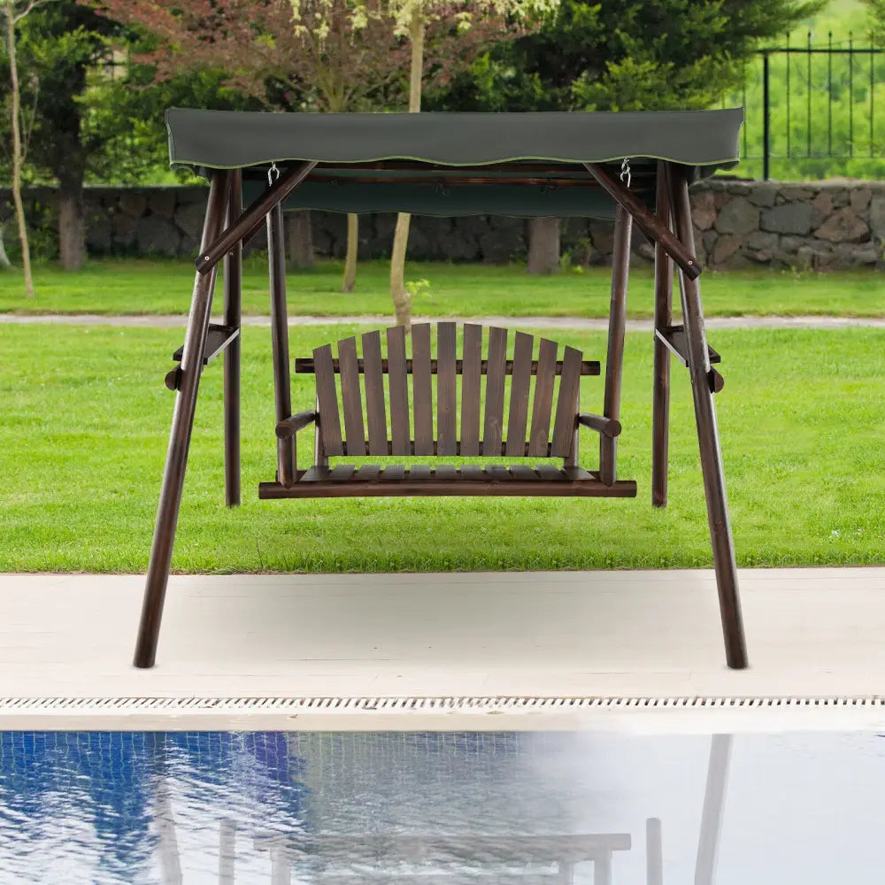 2-Person Outdoor Wooden Porch Swing with an Adjustable Canopy - Natural - Porch Swings
