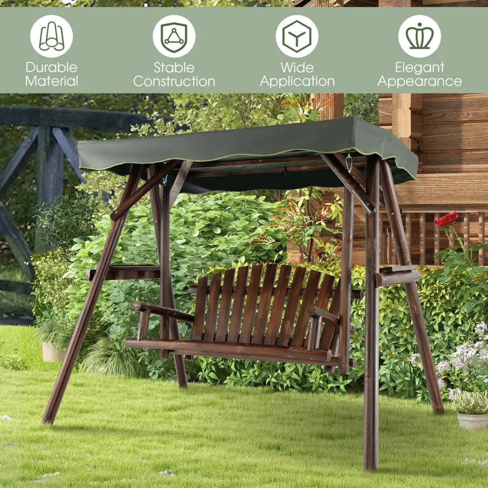 2-Person Outdoor Wooden Porch Swing with an Adjustable Canopy - Natural - Porch Swings