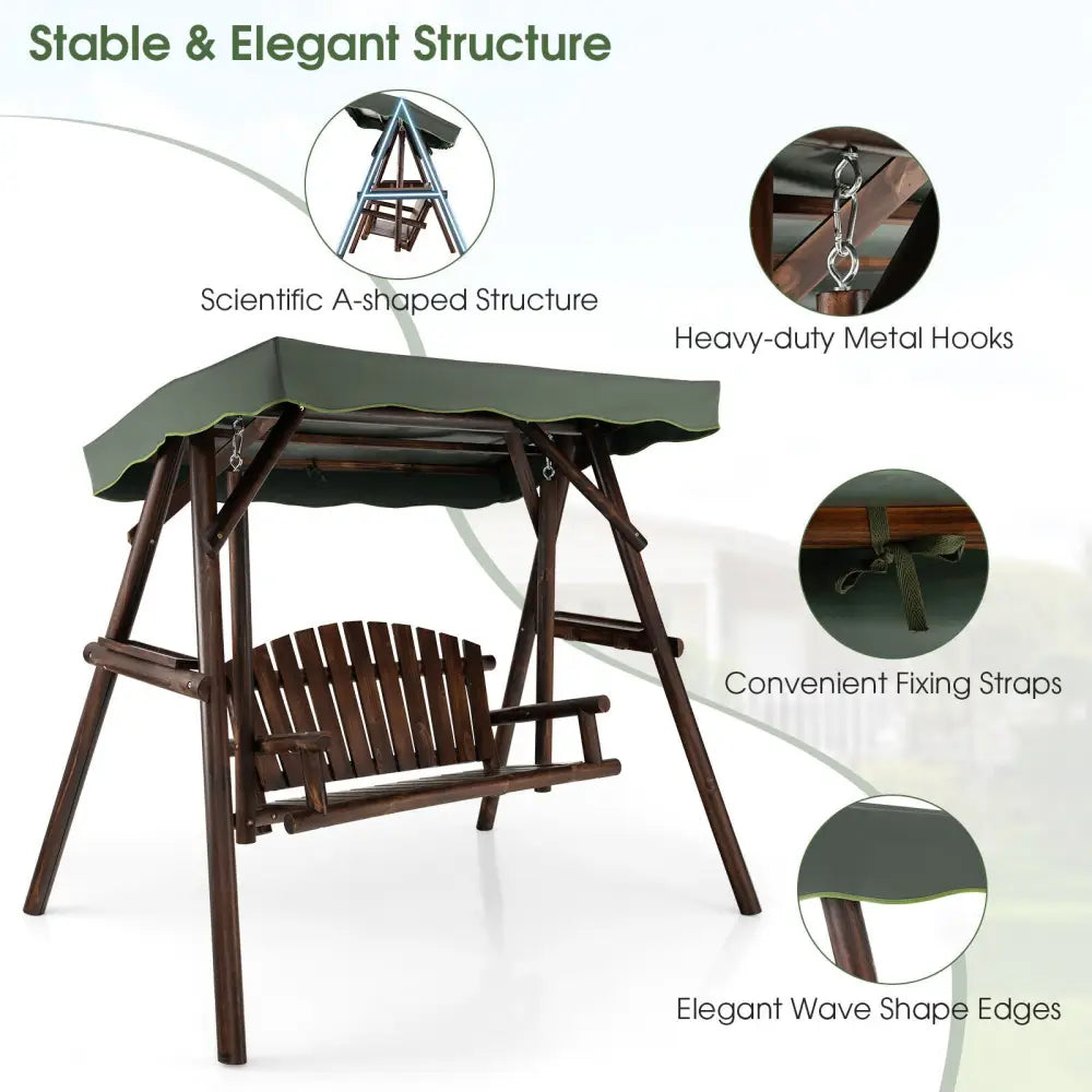2-Person Outdoor Wooden Porch Swing with an Adjustable Canopy - Natural - Porch Swings