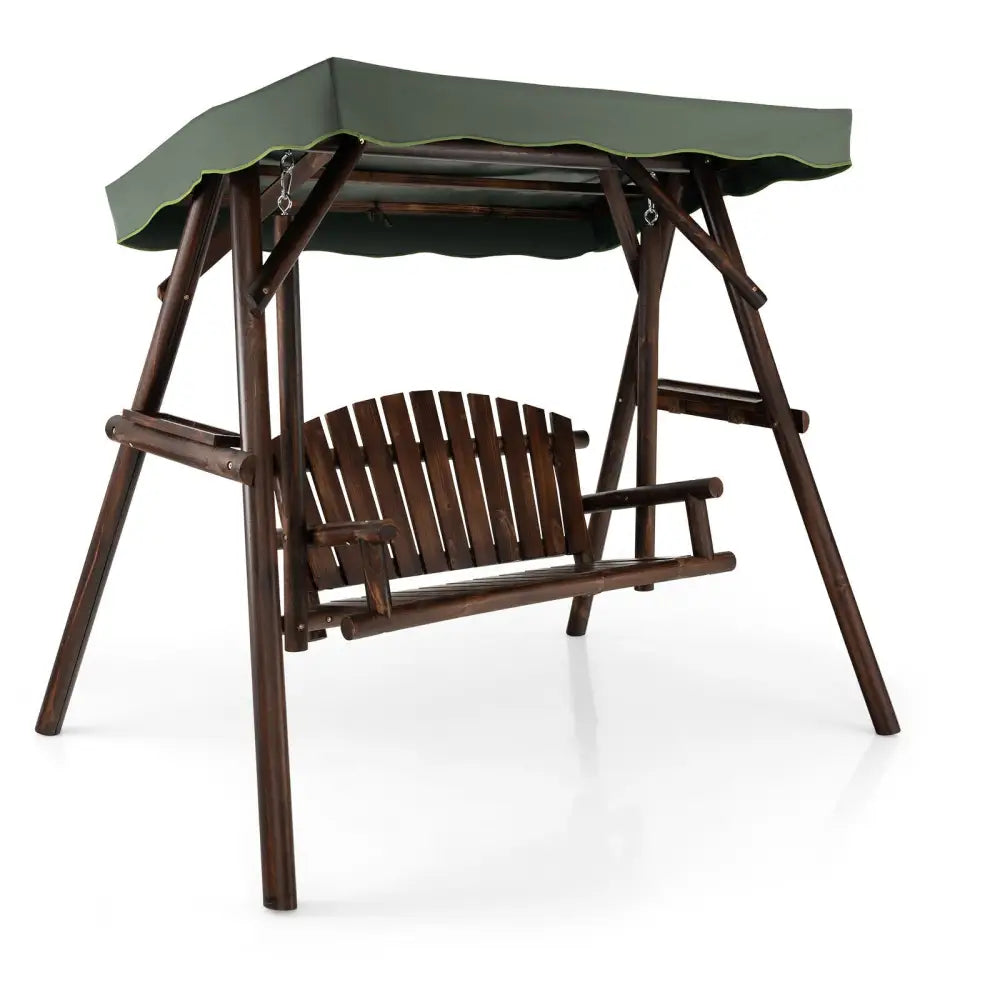 2-Person Outdoor Wooden Porch Swing with an Adjustable Canopy - Natural - Porch Swings