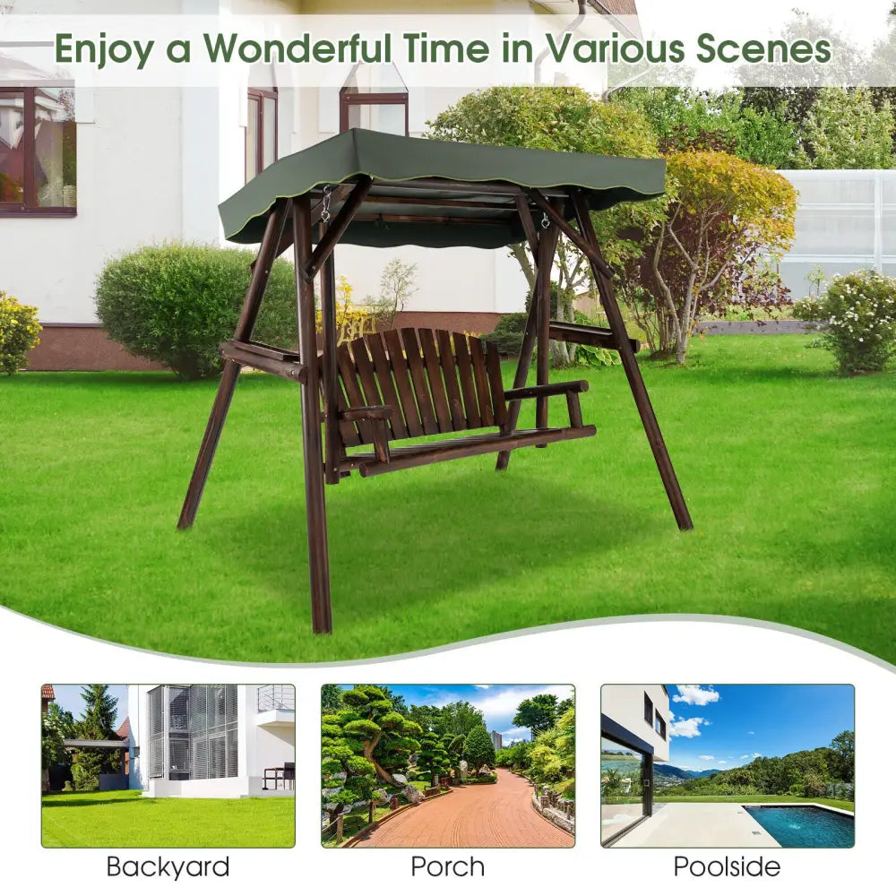 2-Person Outdoor Wooden Porch Swing with an Adjustable Canopy - Natural - Porch Swings