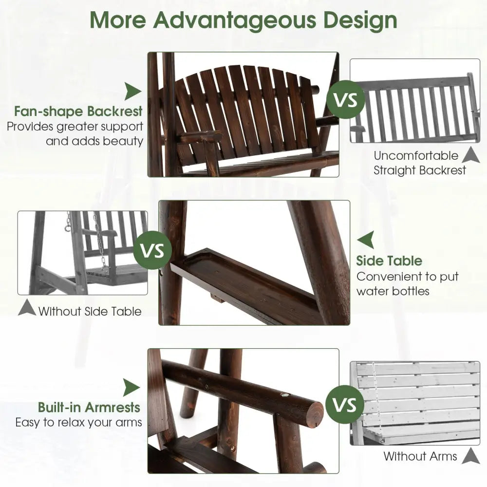 2-Person Outdoor Wooden Porch Swing with an Adjustable Canopy - Natural - Porch Swings