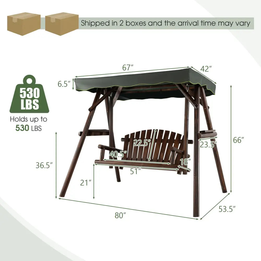 2-Person Outdoor Wooden Porch Swing with an Adjustable Canopy - Natural - Porch Swings