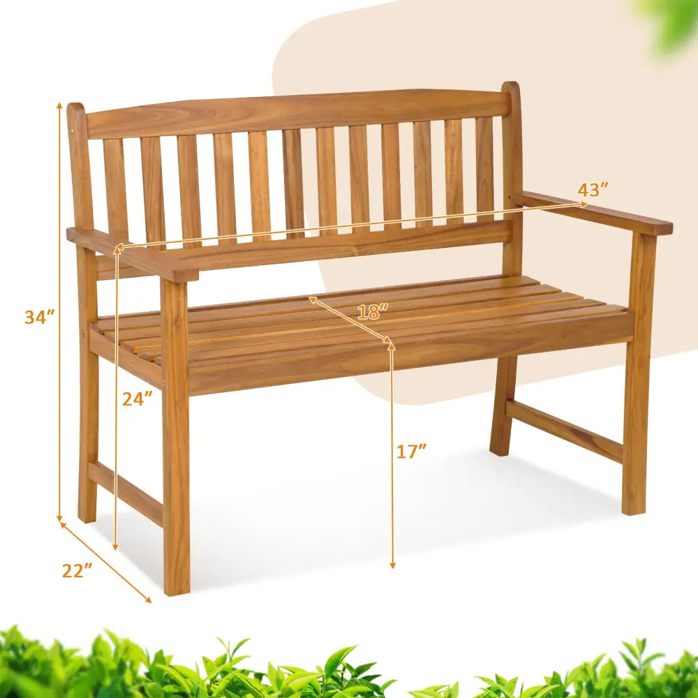 2-Person Patio Acacia Wood Bench with Backrest and Armrests - Natural - Outdoor Benches