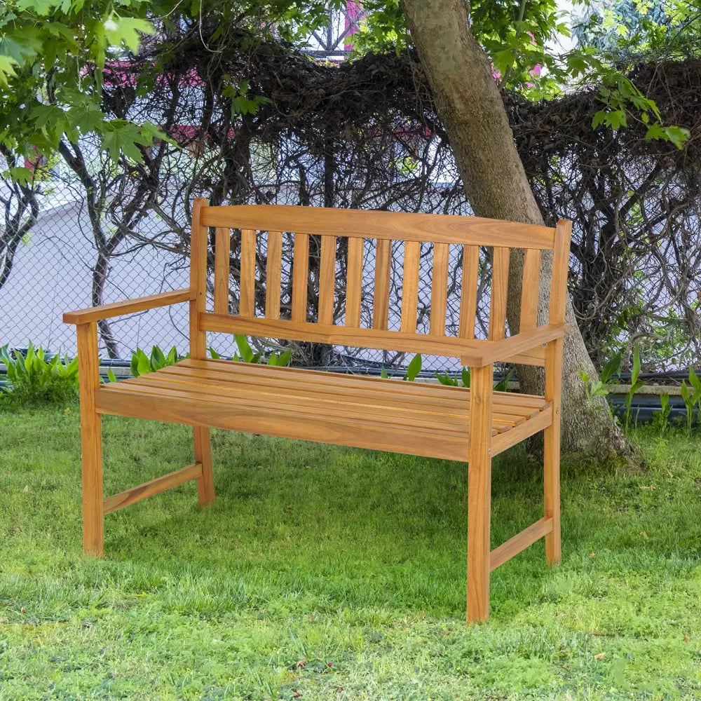 2-Person Patio Acacia Wood Bench with Backrest and Armrests - Natural - Outdoor Benches