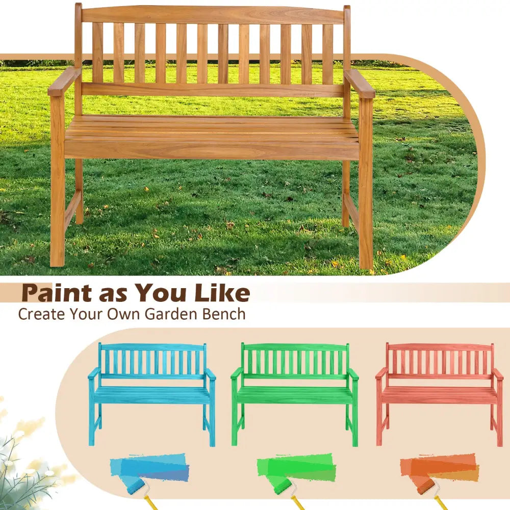 2-Person Patio Acacia Wood Bench with Backrest and Armrests - Natural - Outdoor Benches