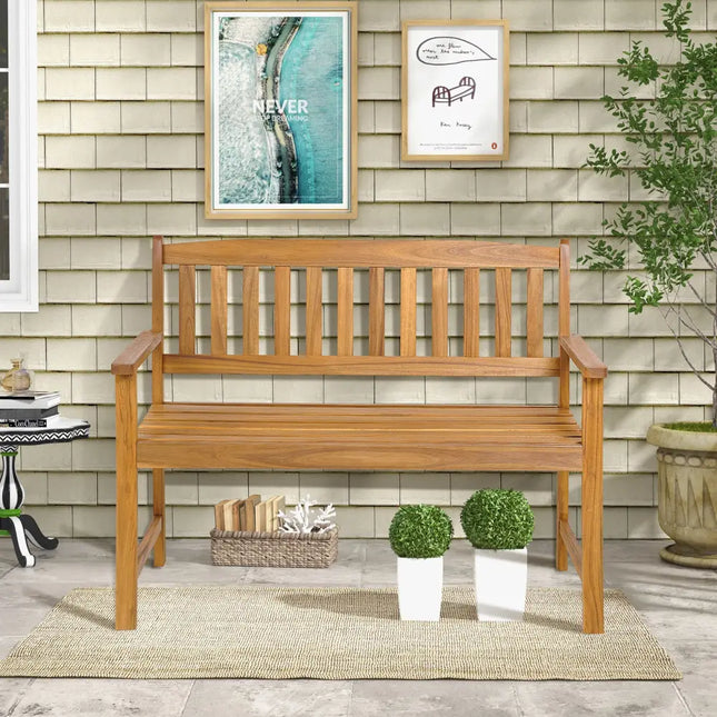 2-Person Patio Acacia Wood Bench with Backrest and Armrests - Natural - Outdoor Benches