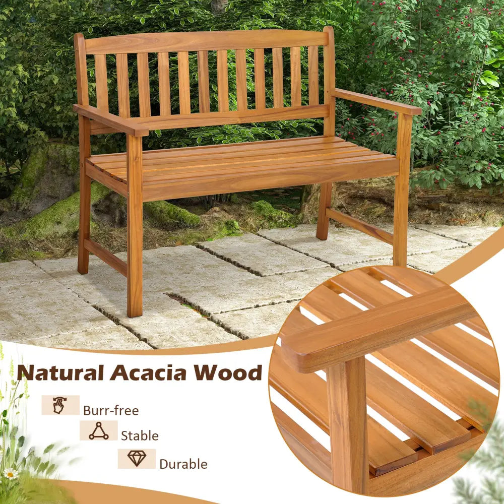 2-Person Patio Acacia Wood Bench with Backrest and Armrests - Natural - Outdoor Benches