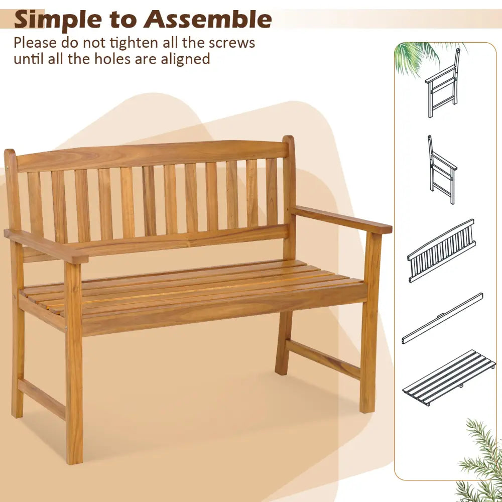 2-Person Patio Acacia Wood Bench with Backrest and Armrests - Natural - Outdoor Benches