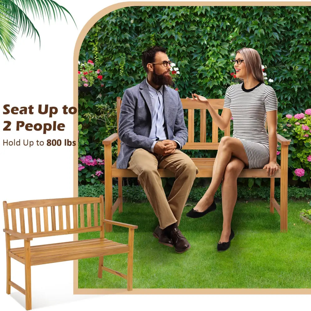 2-Person Patio Acacia Wood Bench with Backrest and Armrests - Natural - Outdoor Benches