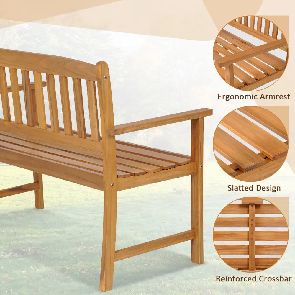 2-Person Patio Acacia Wood Bench with Backrest and Armrests - Natural - Outdoor Benches