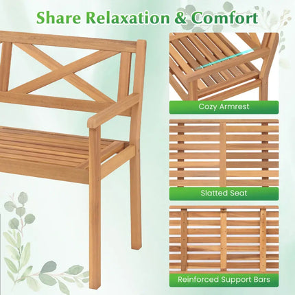 2-Person Patio Acacia Wood Garden Chair with Armrests and Backrest for Backyard - Teak - Outdoor Benches