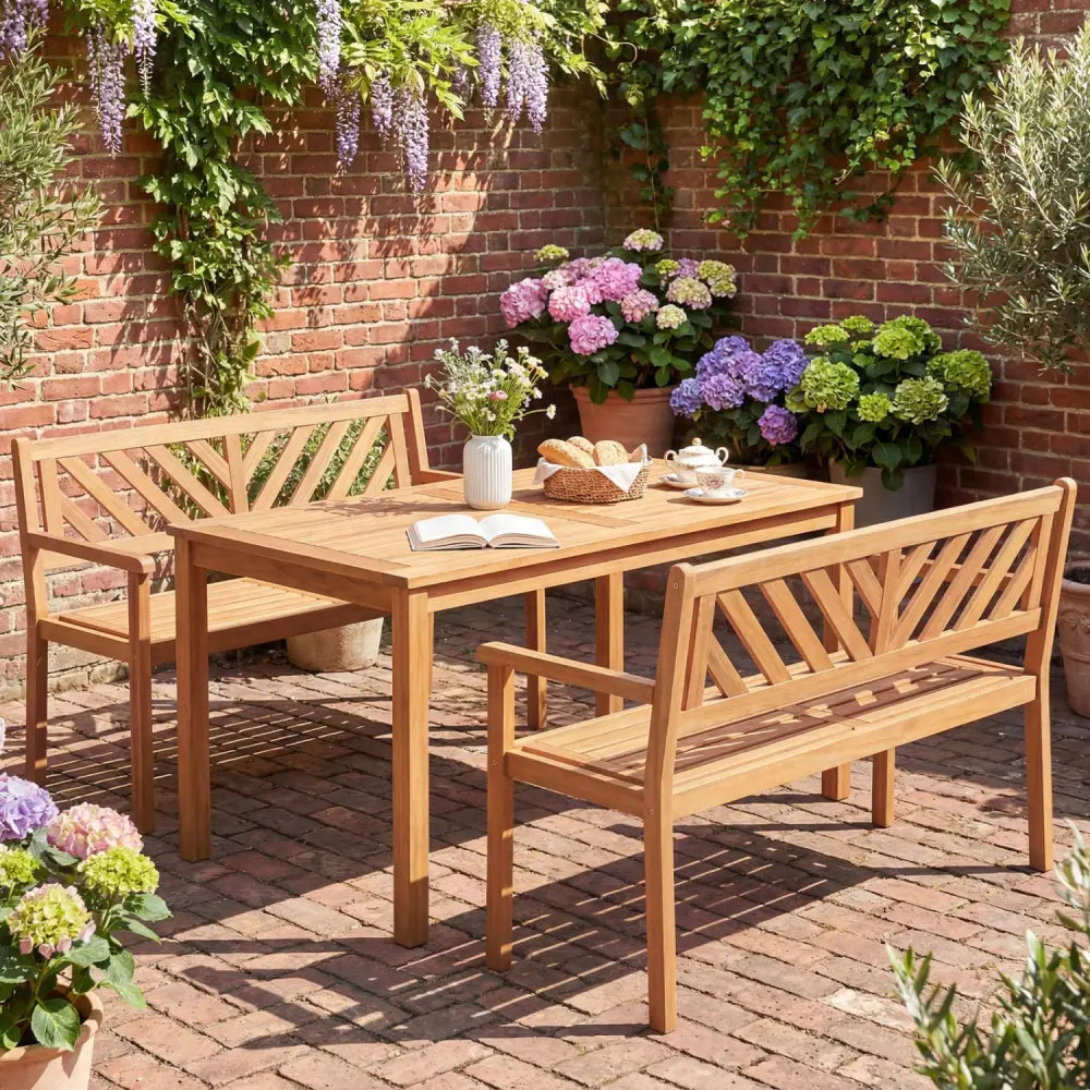 2-Person Patio Acacia Wood Garden Chair with Armrests and Backrest for Porch - Teak - Outdoor Benches