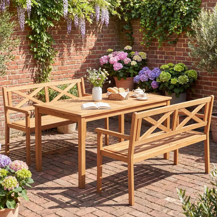 2-Person Patio Acacia Wood Garden Chair with Armrests and Backrest for Backyard - Teak - Outdoor Benches