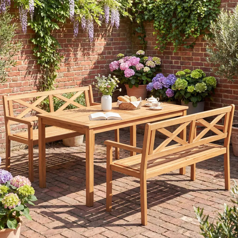 2-Person Patio Acacia Wood Garden Chair with Armrests and Backrest for Backyard - Teak - Outdoor Benches