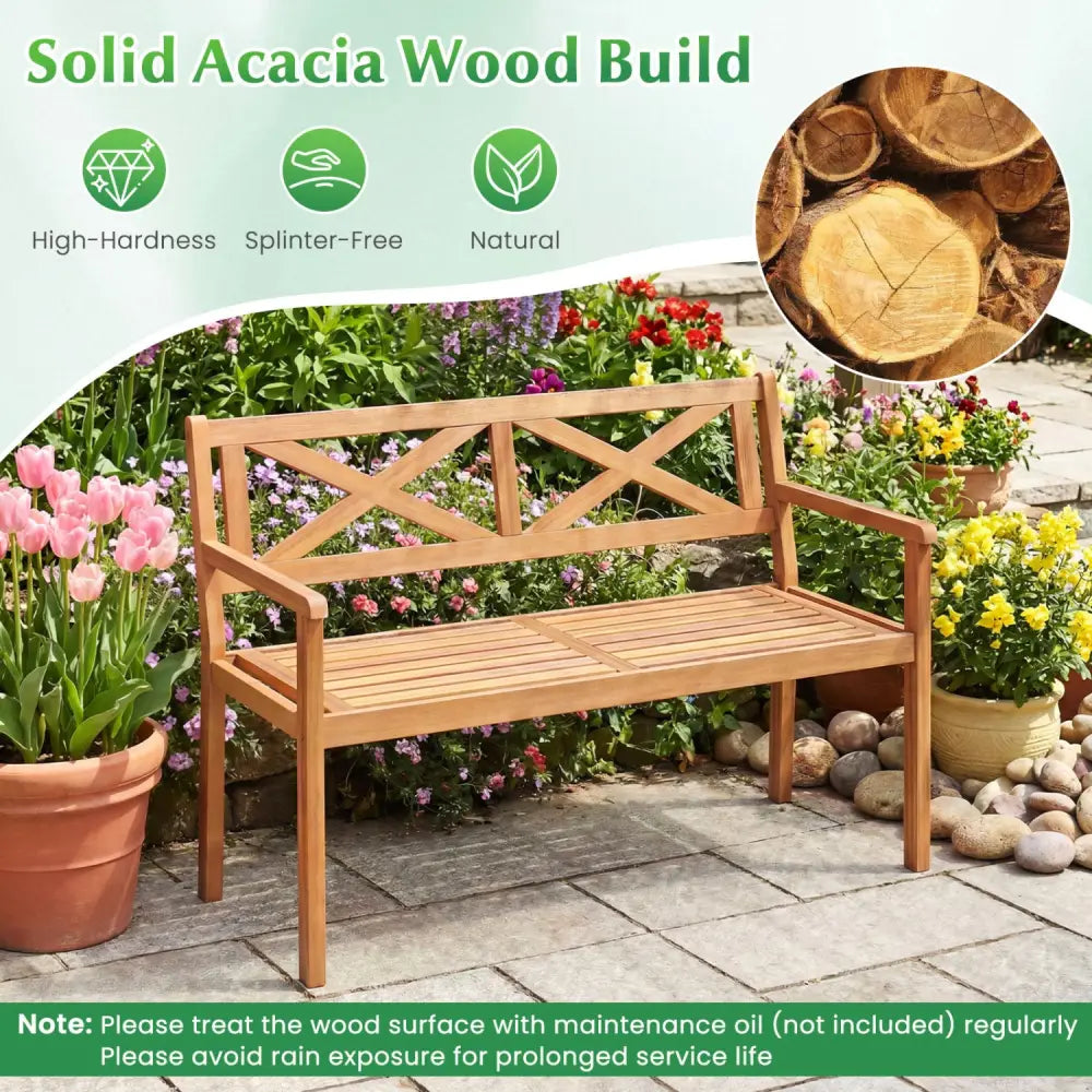 2-Person Patio Acacia Wood Garden Chair with Armrests and Backrest for Backyard - Teak - Outdoor Benches