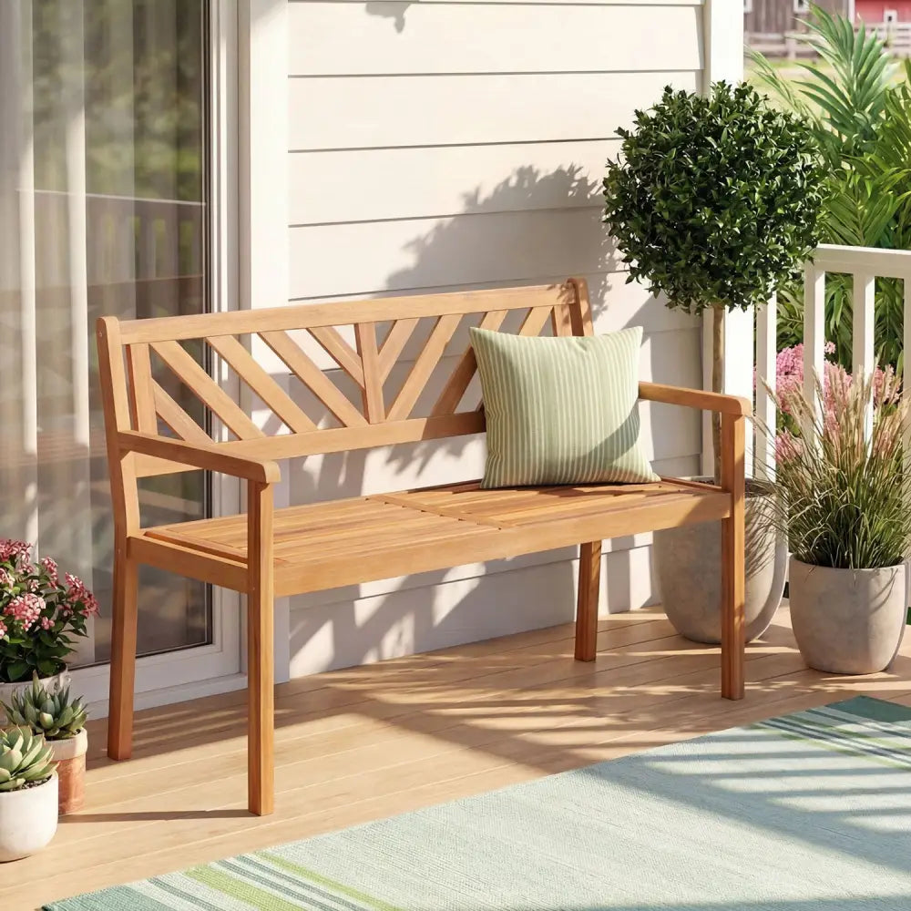 2-Person Patio Acacia Wood Garden Chair with Armrests and Backrest for Porch - Teak - Outdoor Benches