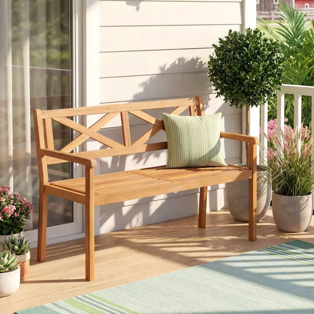 2-Person Patio Acacia Wood Garden Chair with Armrests and Backrest for Backyard - Teak - Outdoor Benches