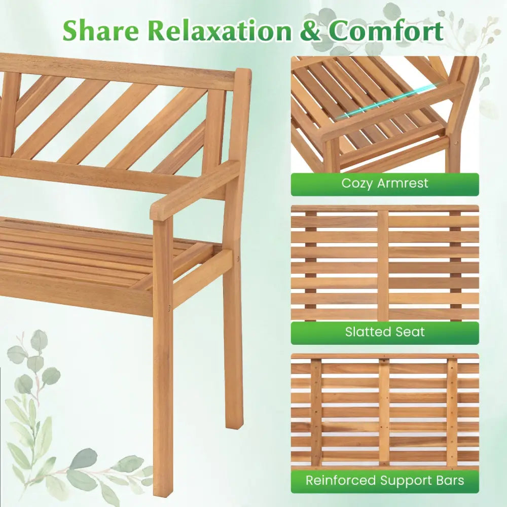 2-Person Patio Acacia Wood Garden Chair with Armrests and Backrest for Porch - Teak - Outdoor Benches