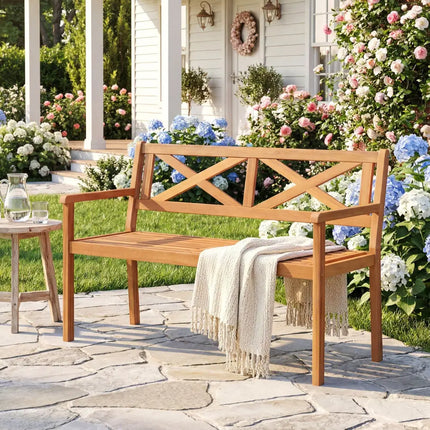 2-Person Patio Acacia Wood Garden Chair with Armrests and Backrest for Backyard - Teak - Outdoor Benches