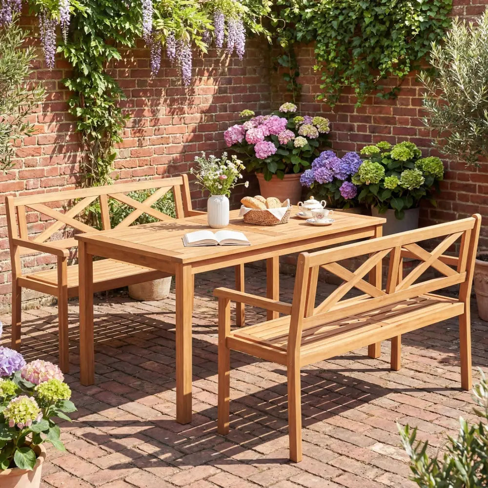 2-Person Patio Acacia Wood Garden Chair with Armrests and Backrest for Backyard - Teak - Outdoor Benches