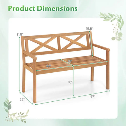 2-Person Patio Acacia Wood Garden Chair with Armrests and Backrest for Backyard - Teak - Outdoor Benches