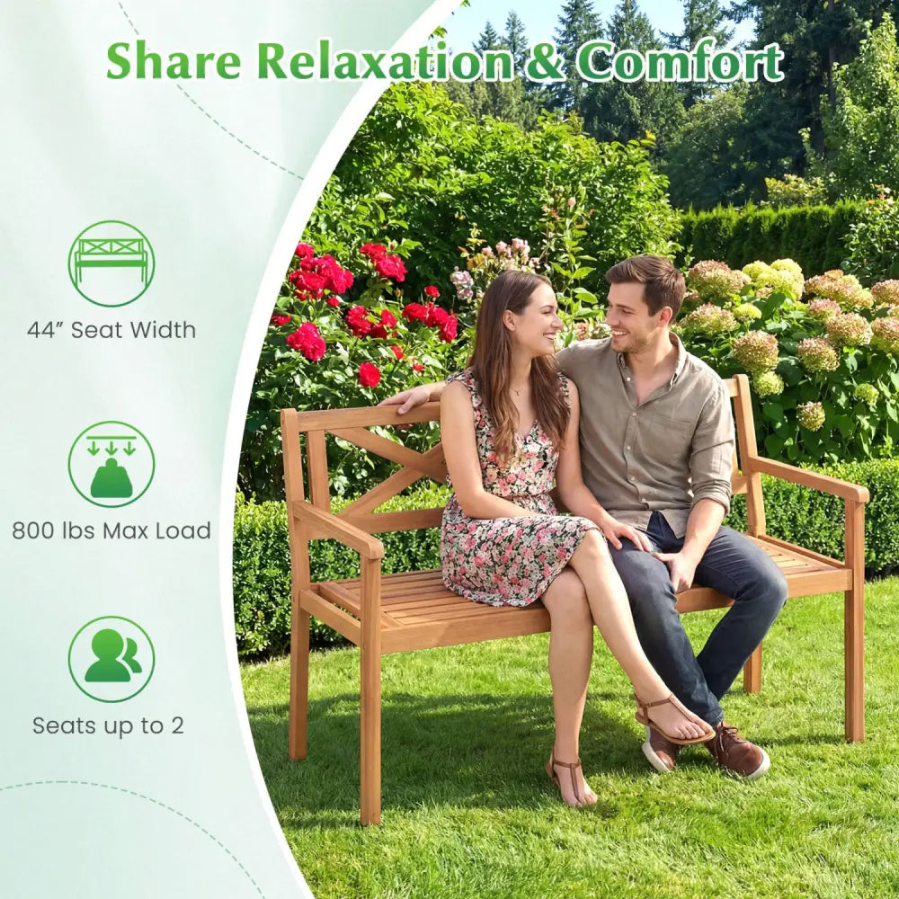 2-Person Patio Acacia Wood Garden Chair with Armrests and Backrest for Backyard - Teak - Outdoor Benches