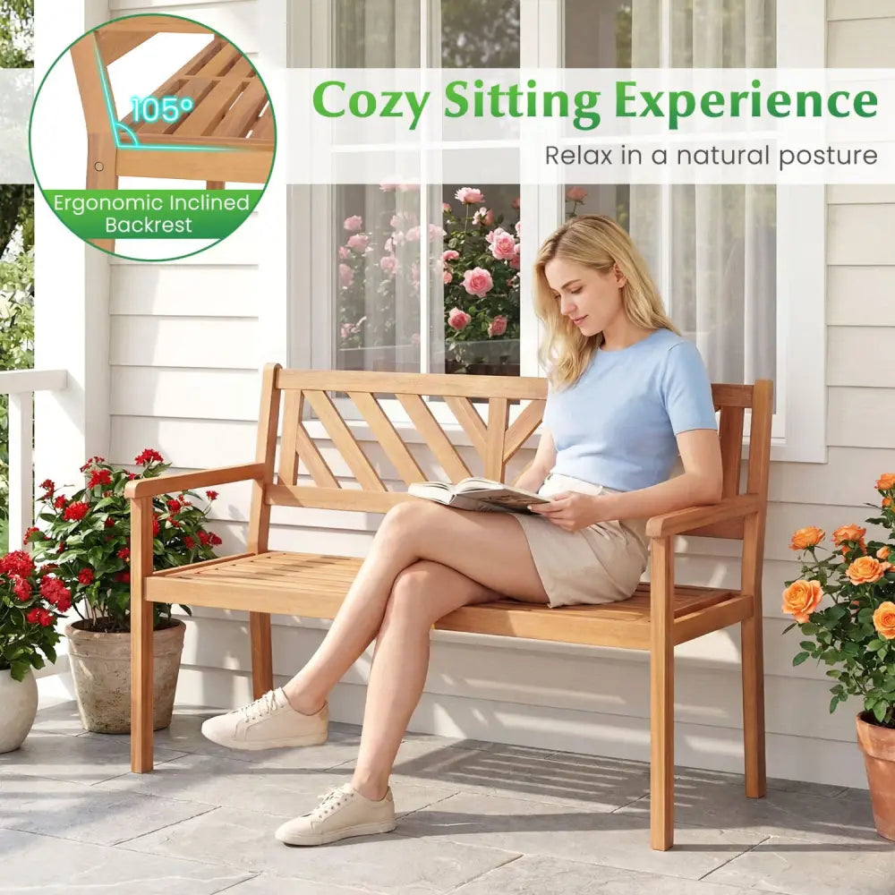 2-Person Patio Acacia Wood Garden Chair with Armrests and Backrest for Porch - Teak - Outdoor Benches